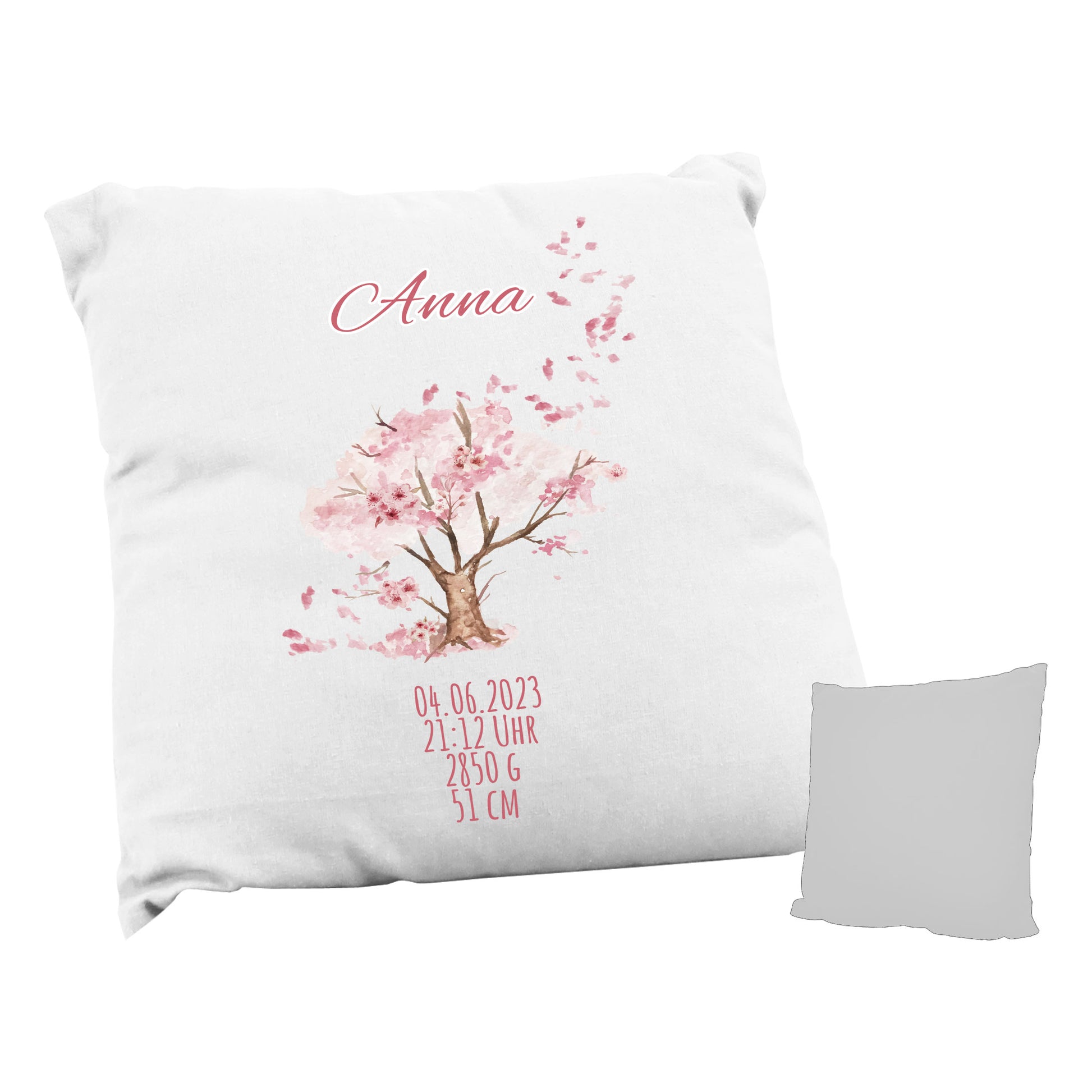 Personalisiertes Kissen zur Geburt "Rosa Baum" mit Namen & Geburtsdaten