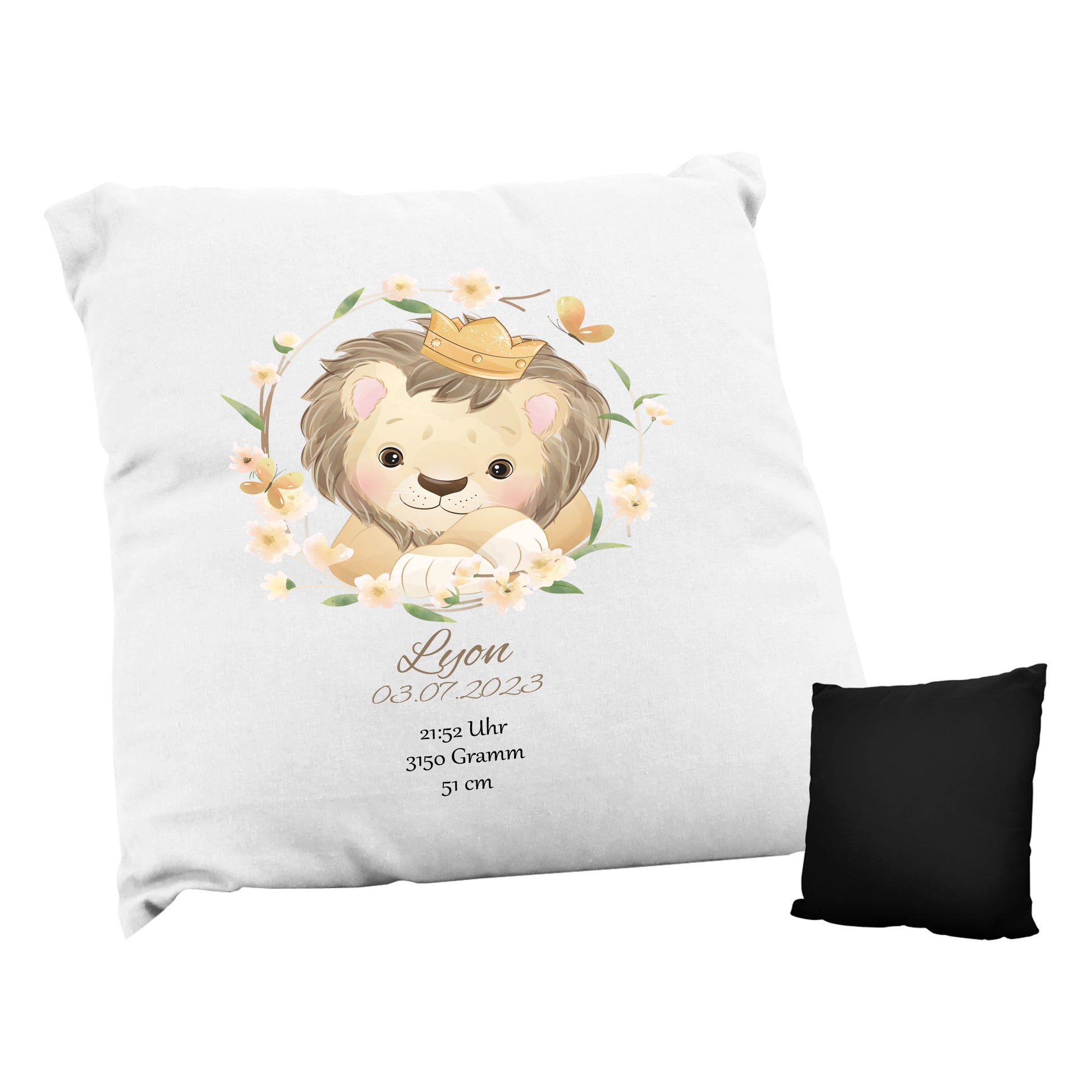 Personalisiertes Kissen zur Geburt "Löwe mit Krone" mit Namen & Geburtsdaten