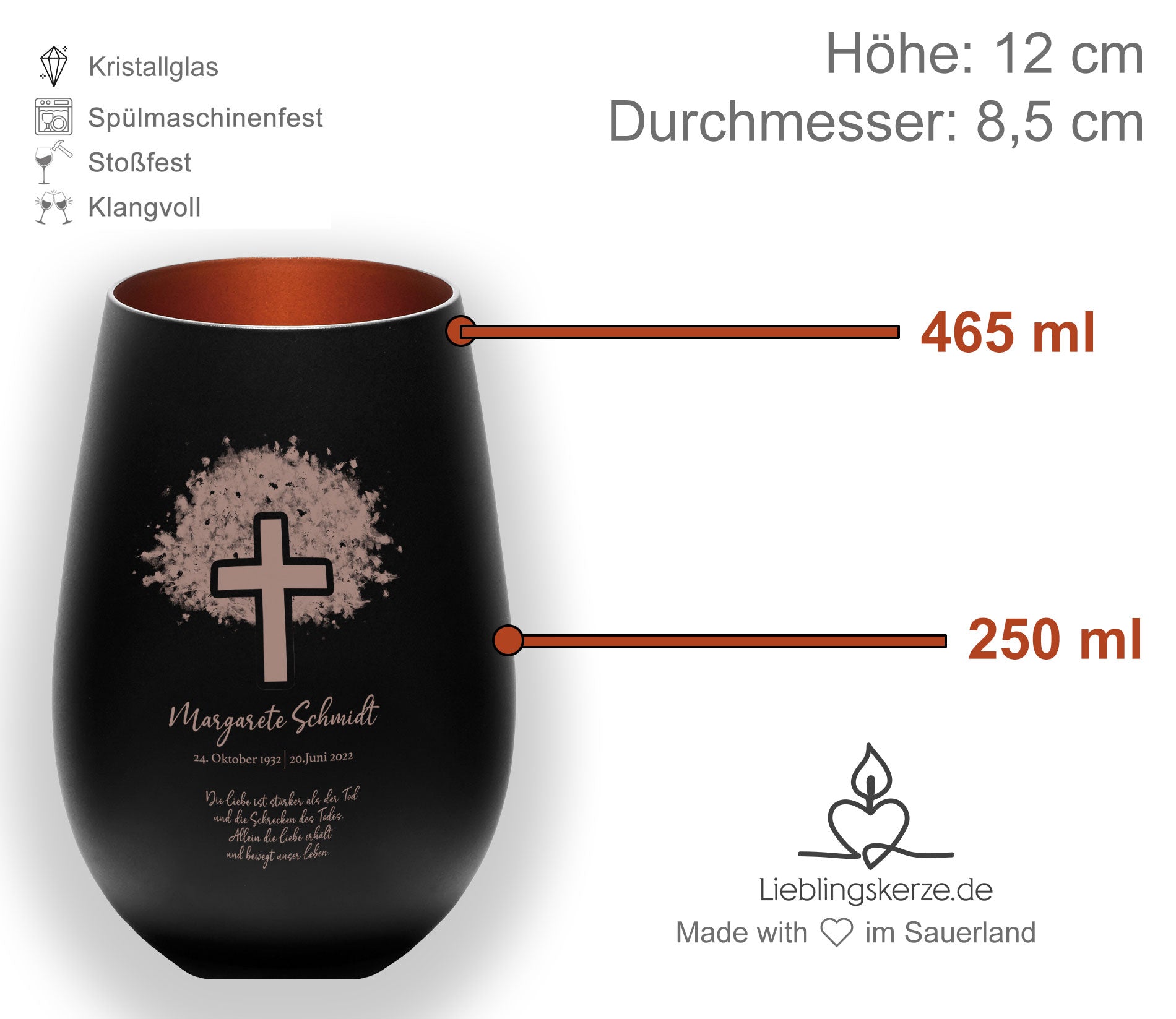 Trauerlicht "Baum Kreuz" personalisiertes Windlicht mit Gravur - personalisiert mit Name, Datum & Spruch
