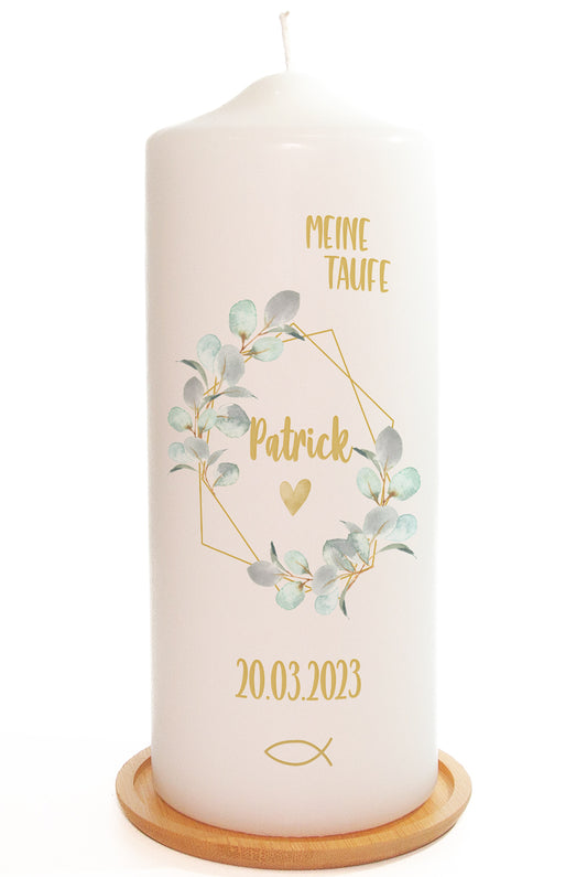 Taufkerze "Eukalyptus Rahmen" - mit Namen & Datum