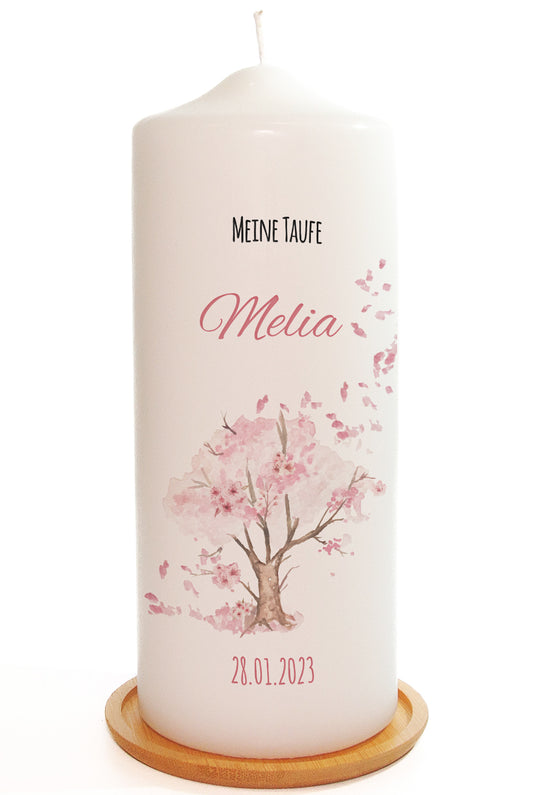 Taufkerze "Baum" - mit Name, Datum & Spruch personalisiert - Rosa, Blau oder Grün