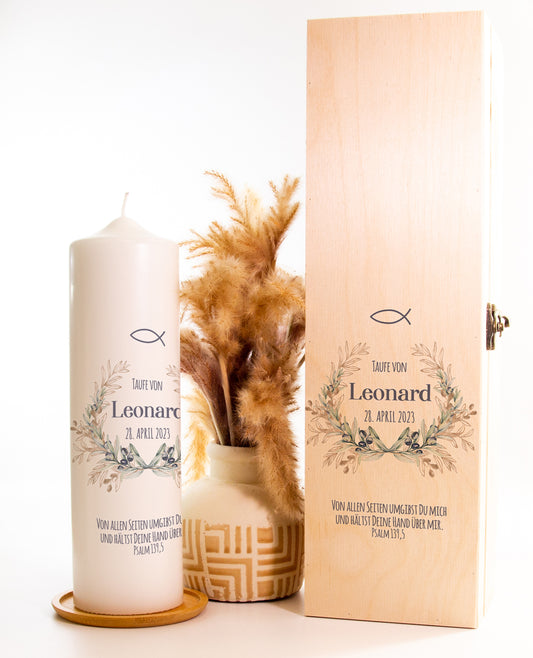 Taufkerze "Oliven" - mit Namen, Geburtsdatum und Spruch personalisiert
