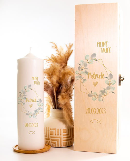 Taufkerze "Eukalyptus Rahmen" - mit Namen & Datum