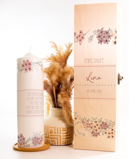 Taufkerze "Flower Rand" - rundumdruck - mit Namen, Geburtsdatum und Spruch personalisiert