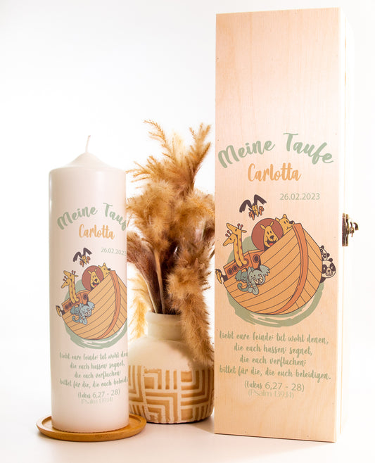 Taufkerze "Arche Noah" - mit Namen, Geburtsdatum und Spruch personalisiert