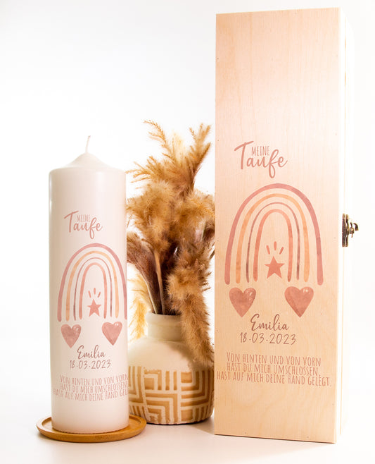 Taufkerze "Regenbogen Herz Mädchen" - mit Namen, Datum & Spruch personalisiert