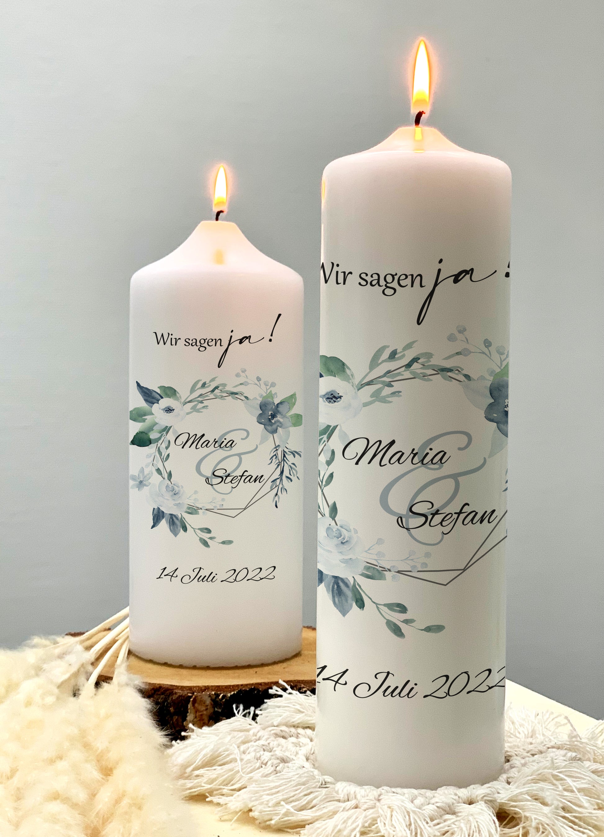 Hochzeitskerze "Wir sagen Ja" Blau - mit Namen & Datum personalisiert