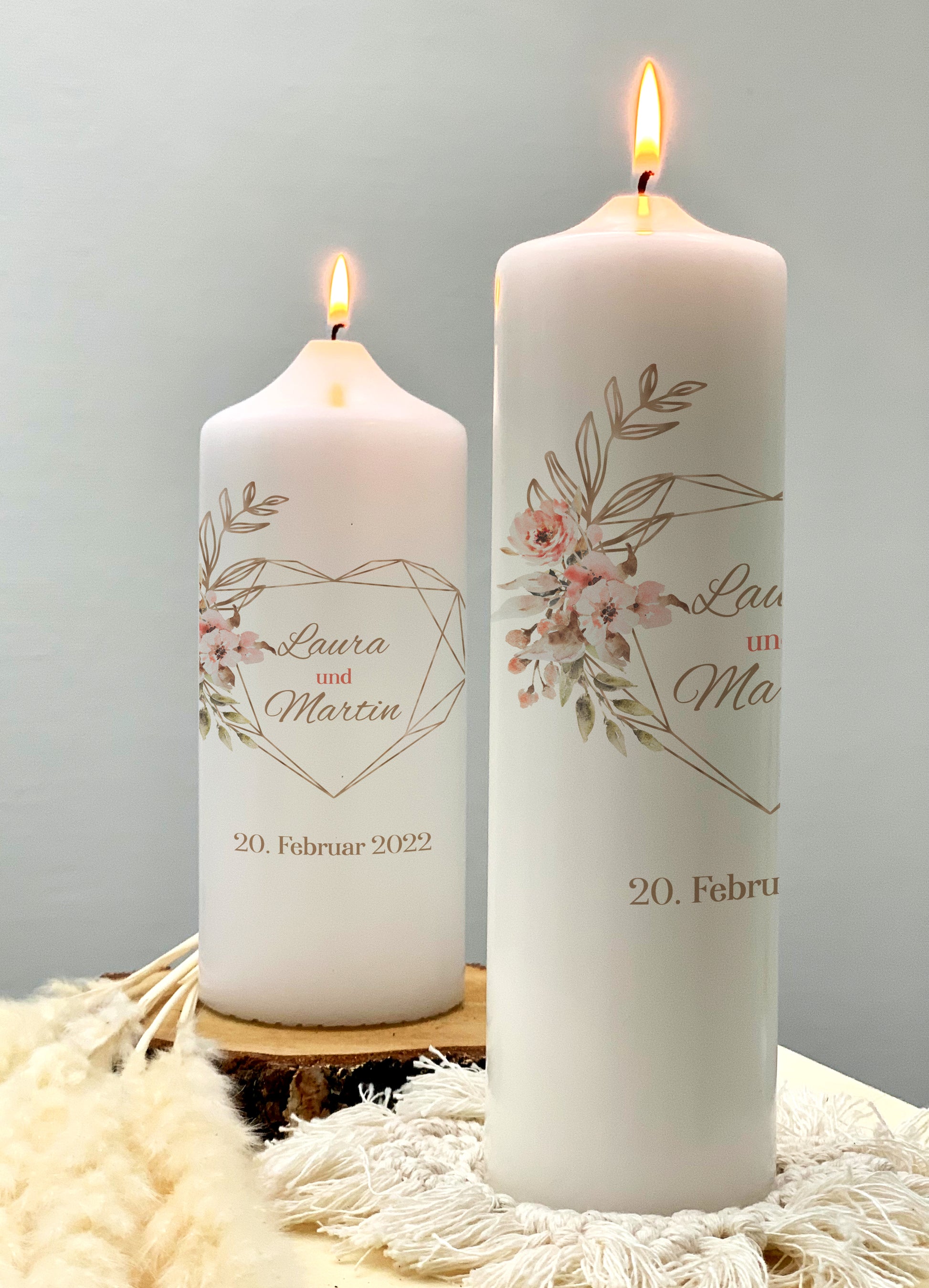 Hochzeitskerze "Rose Herz" - mit Initialen & Datum personalisiert