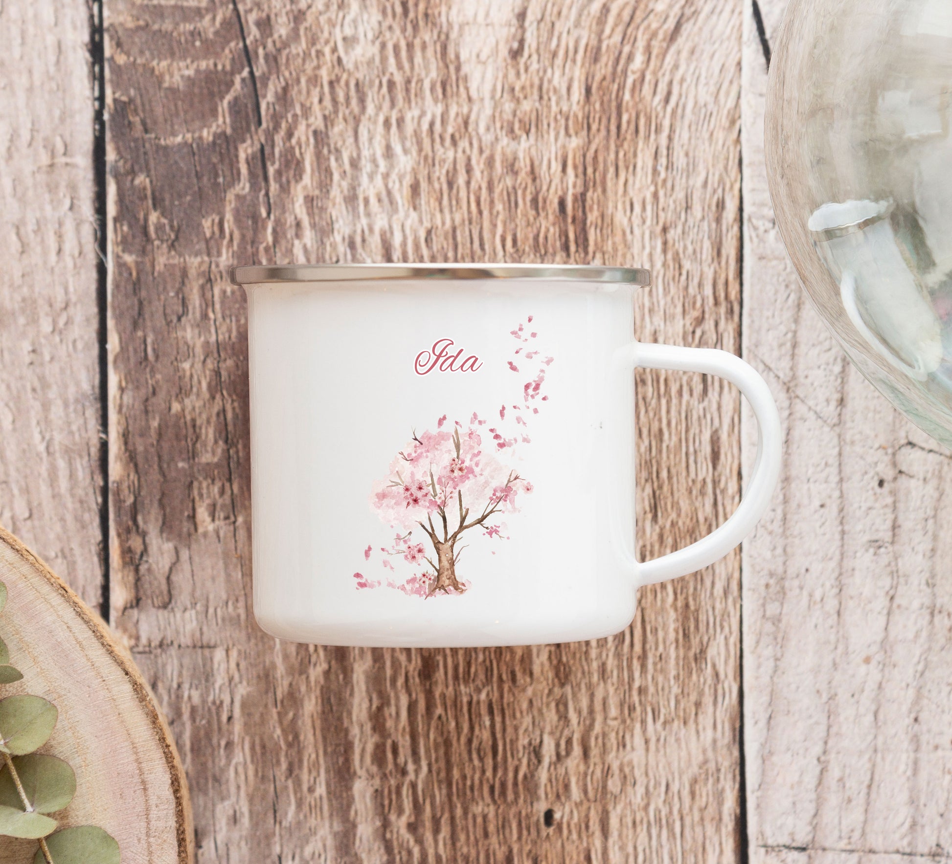 Emaille Tasse "Rosa Baum" mit Namen personalisiert