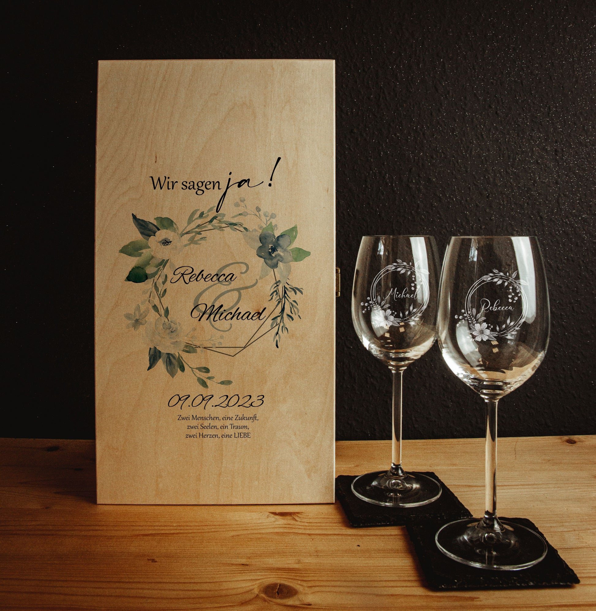 Weinbox mit deinem Kerzenmotiv bedruckt - inkl. 2 Leonardo Weingläser mit Gravur