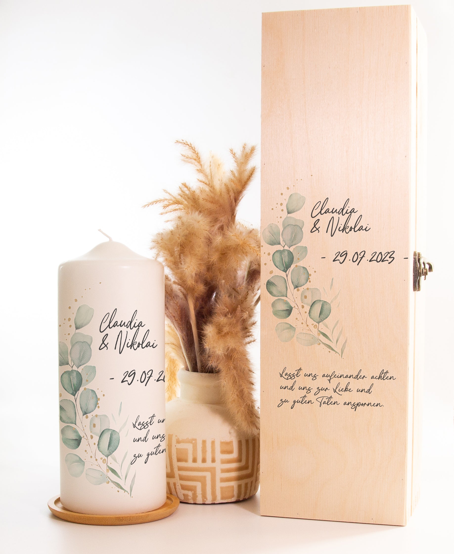 Hochzeitskerze "Eukalyptus Ranke" - mit Namen, Spruch & Datum personalisiert