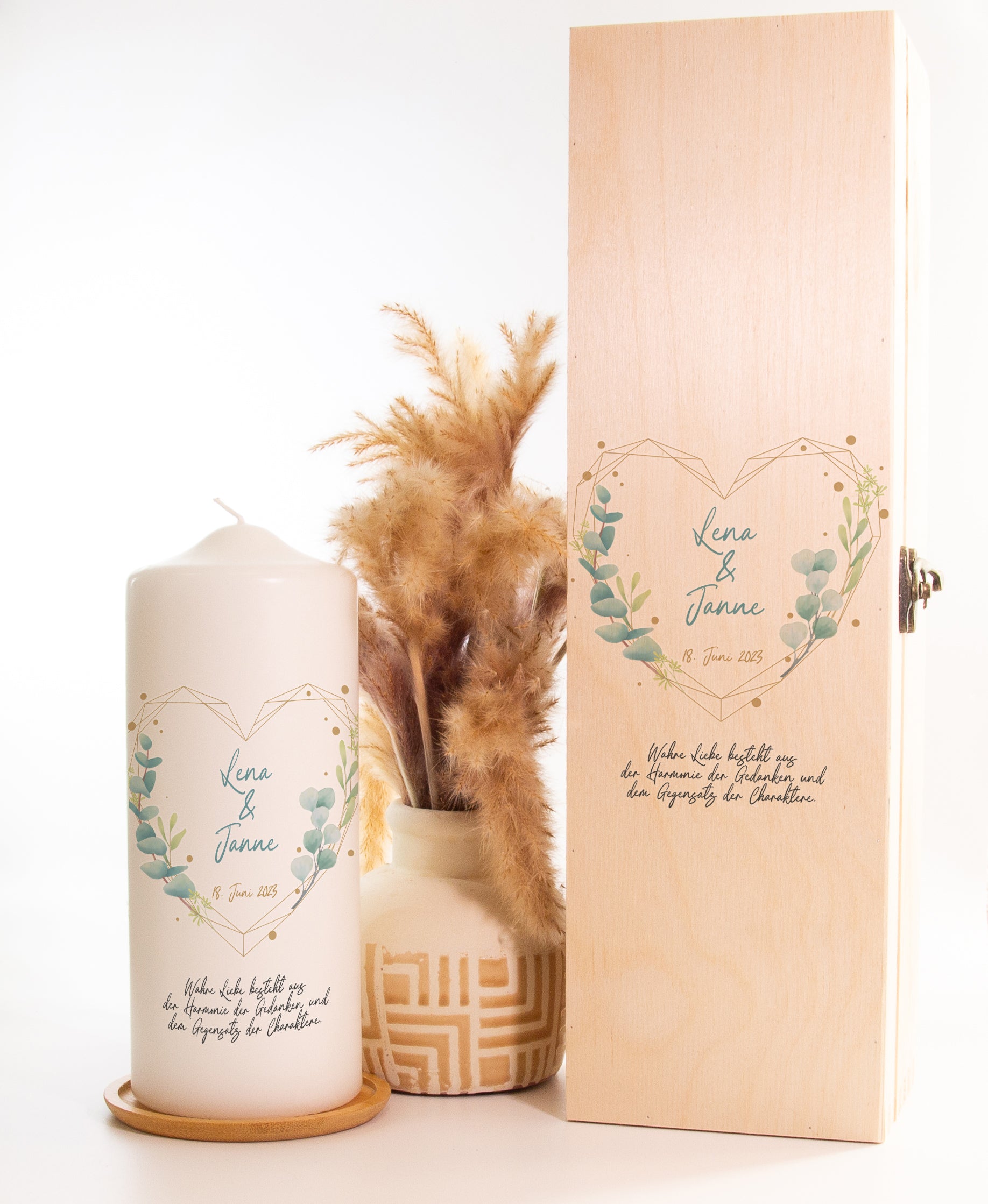 Hochzeitskerze "Eukalyptus Herz" - mit Namen, Spruch & Datum personalisiert