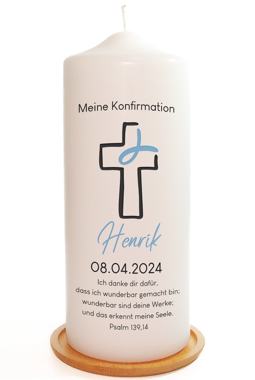 Konfirmationskerze "Kreuz mit Fisch - Blau" - mit Name, Datum & Spruch personalisiert