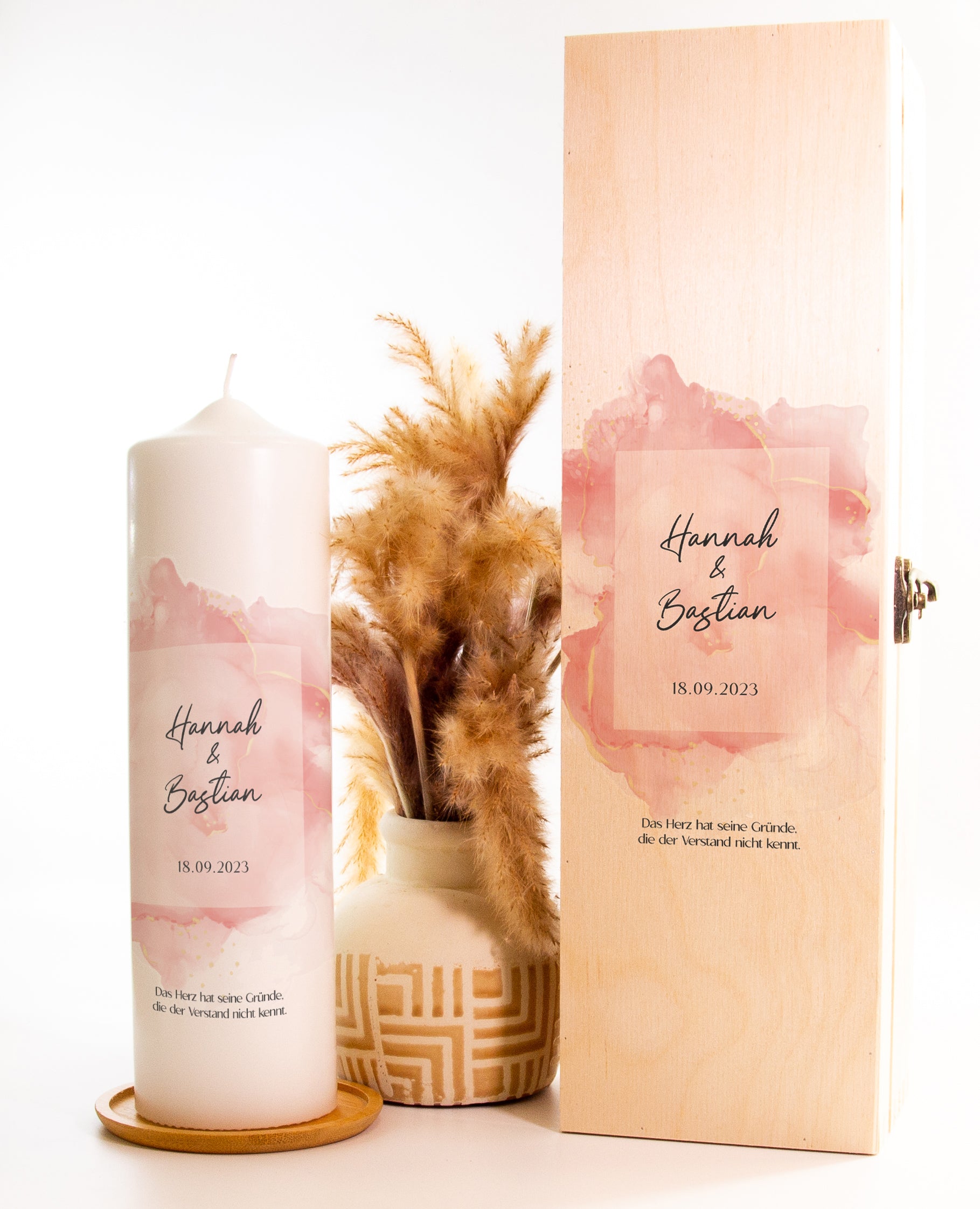 Hochzeitskerze "Rose Splash" - mit Namen, Spruch & Datum personalisiert