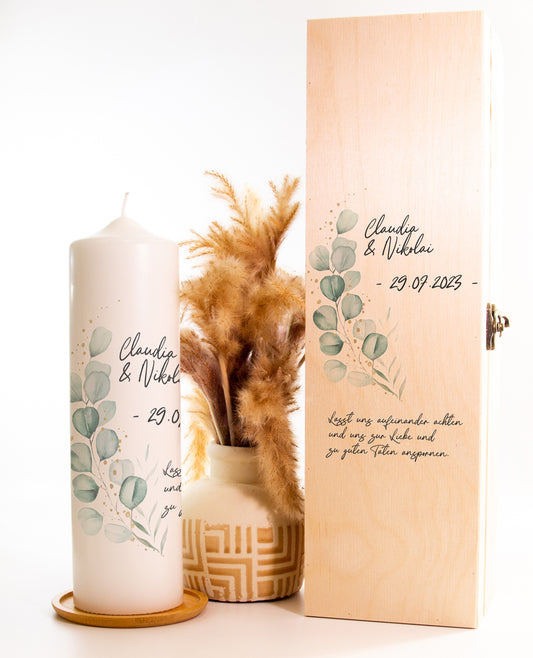 Hochzeitskerze "Eukalyptus Ranke" - mit Namen, Spruch & Datum personalisiert