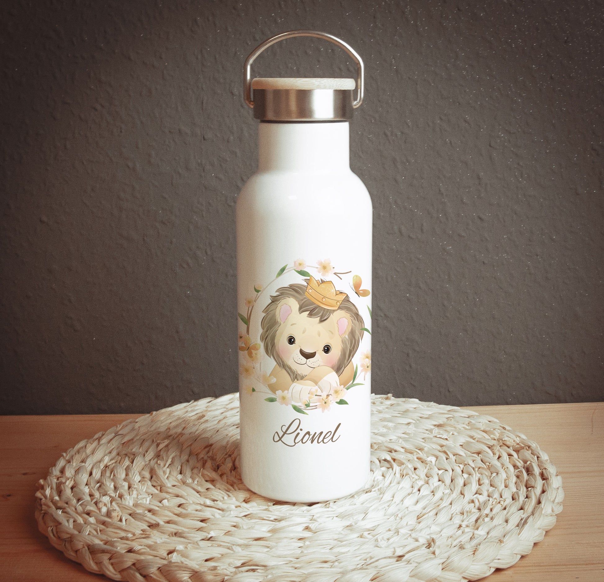Edelstahl Thermoflasche "Löwe mit Krone" mit Namen personalisiert
