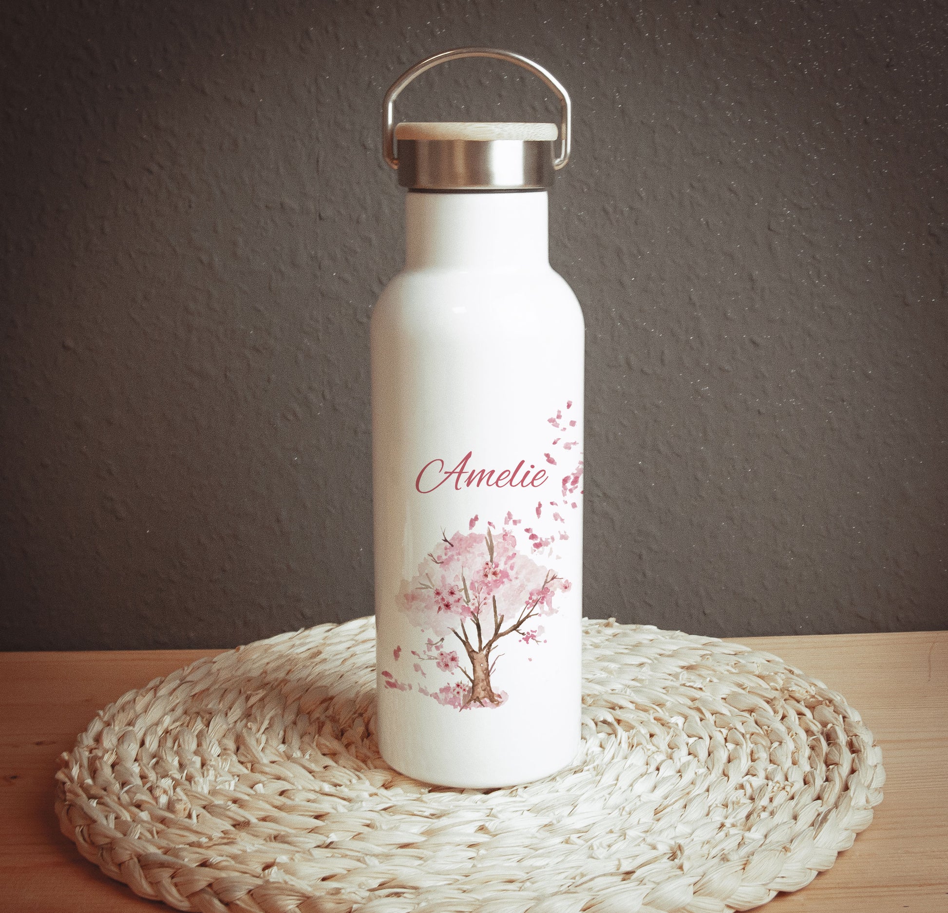 Edelstahl Thermoflasche "Rosa Baum" mit Namen personalisiert