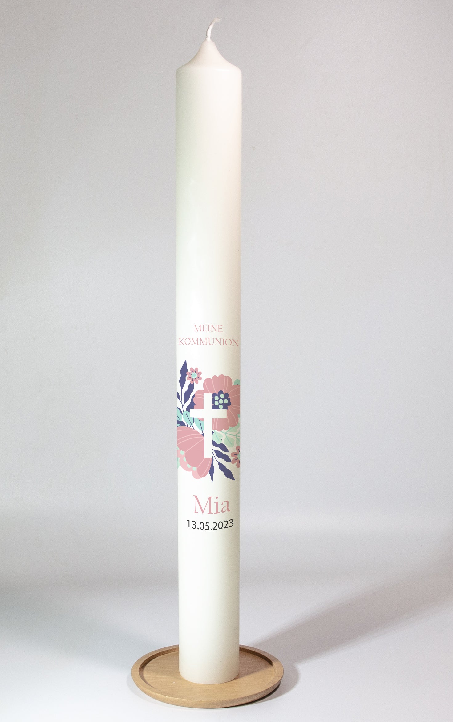 Kommunionkerze "Floral Cross" - mit Name & Datum personalisiert - 40x4 cm