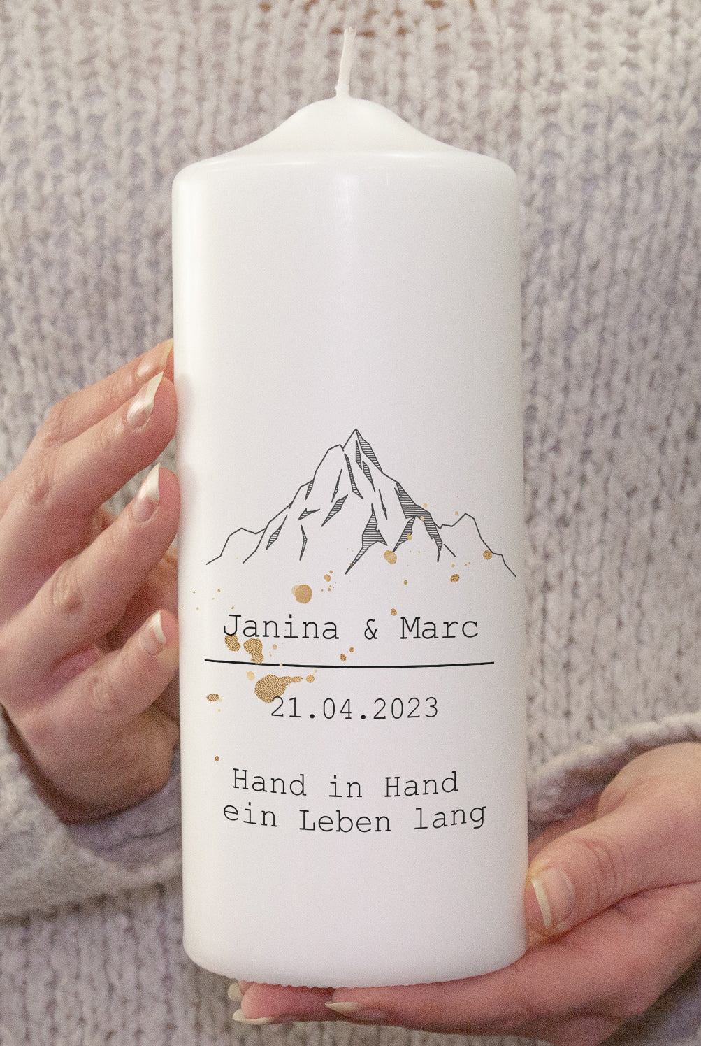 Hochzeitskerze "Berge"- mit Namen, Spruch & Datum personalisiert