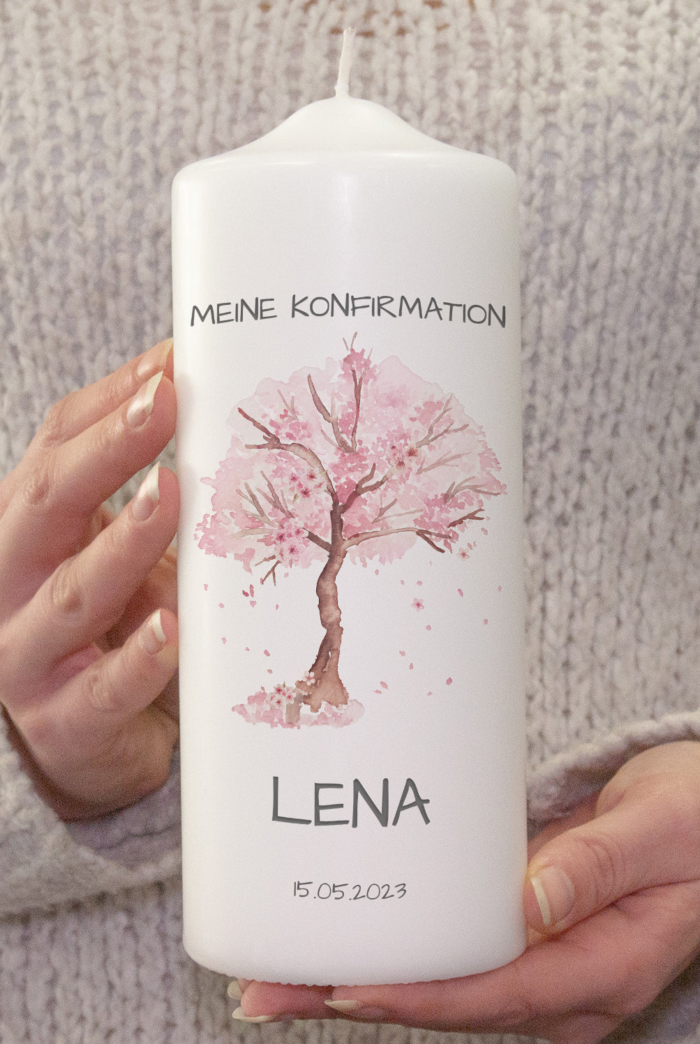Konfirmationskerze "Meine Konfirmation Sakura Baum" - mit Name & Datum personalisiert