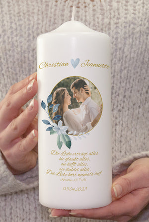 Hochzeitskerze Blaues Herz - mit Namen, Datum, Foto & Spruch personalisiert