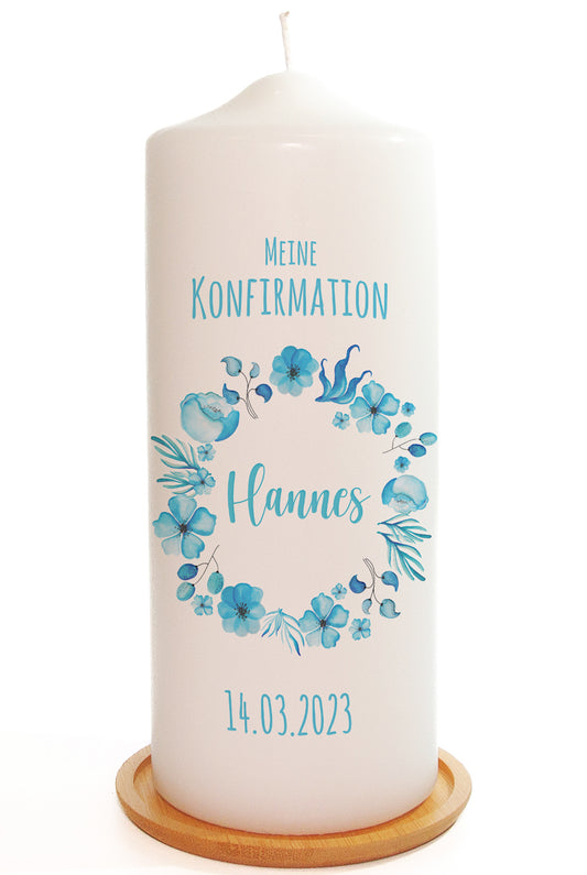 Konfirmationskerze "Meine Konfirmation Floral Blau" - mit Name & Datum personalisiert