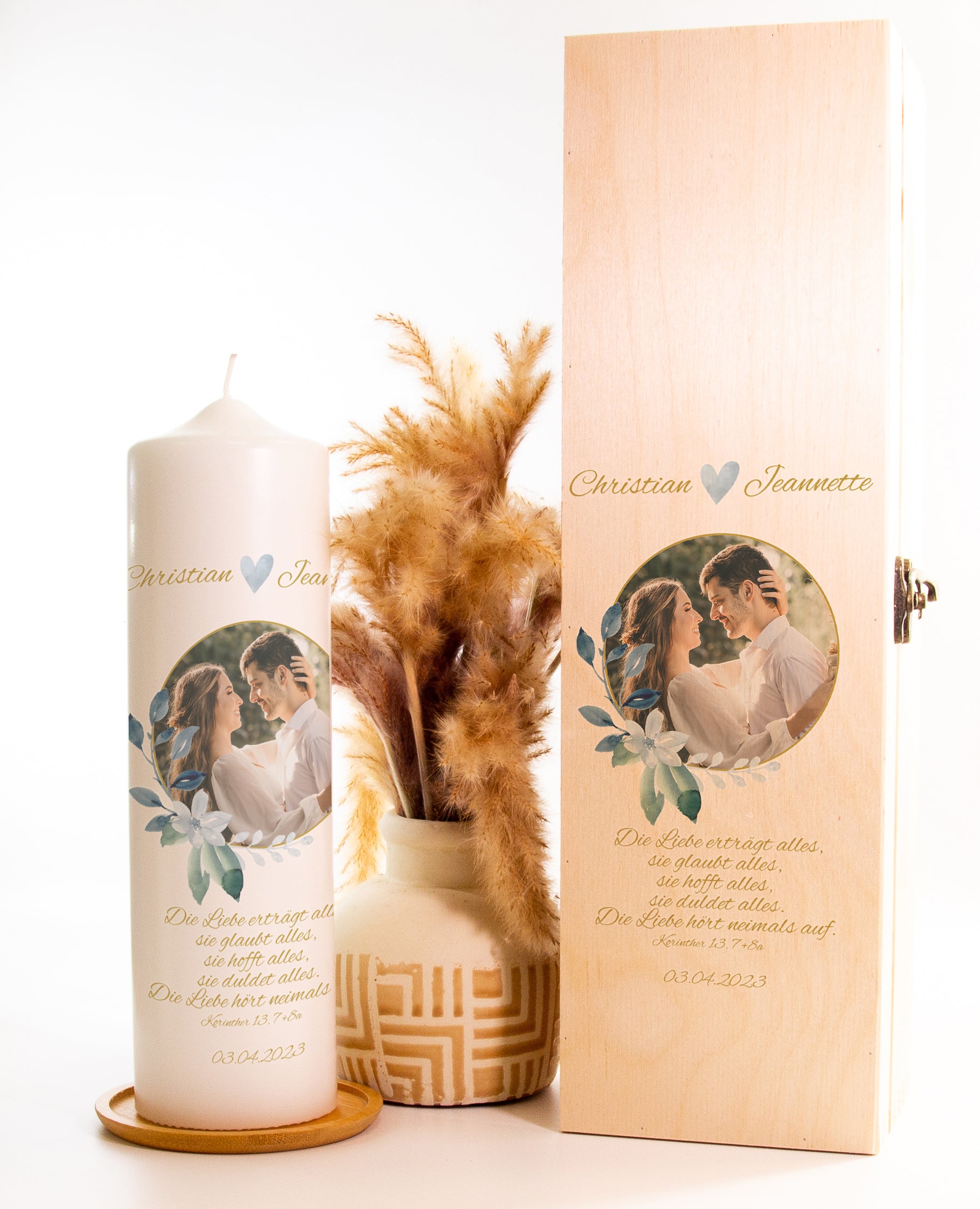 Hochzeitskerze Blaues Herz - mit Namen, Datum, Foto & Spruch personalisiert