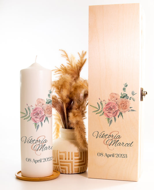 Hochzeitskerze "Rose Bouquet" - mit Namen & Datum personalisiert