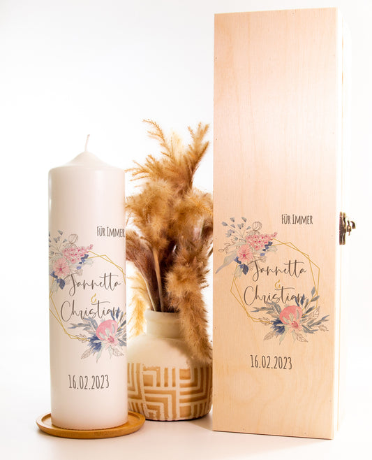 Hochzeitskerze "Für immer" Blumen Rahmen - mit Namen & Datum personalisiert