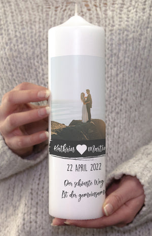 Hochzeitskerze schlicht - mit Namen, Datum, Spruch & Foto personalisiert