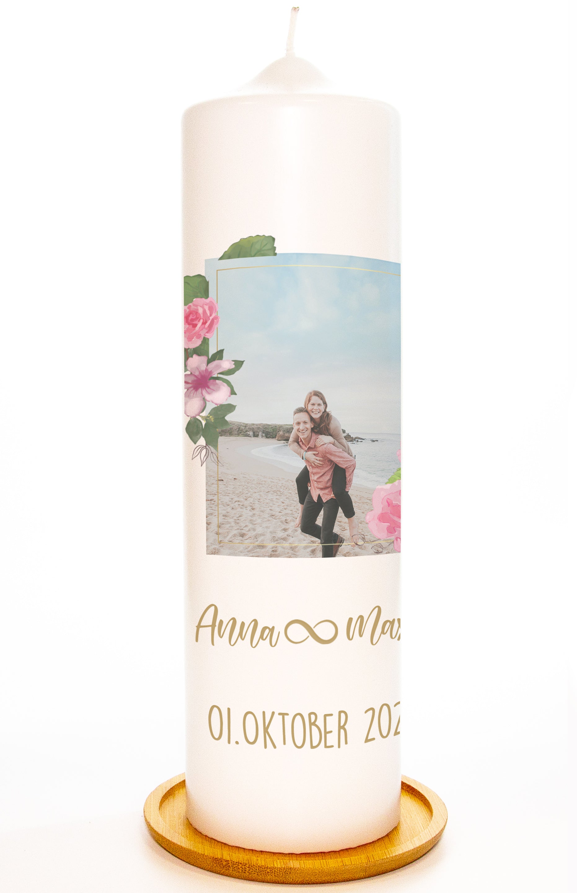 Hochzeitskerze mit Blumenrahmen- mit Namen, Datum & Foto personalisiert