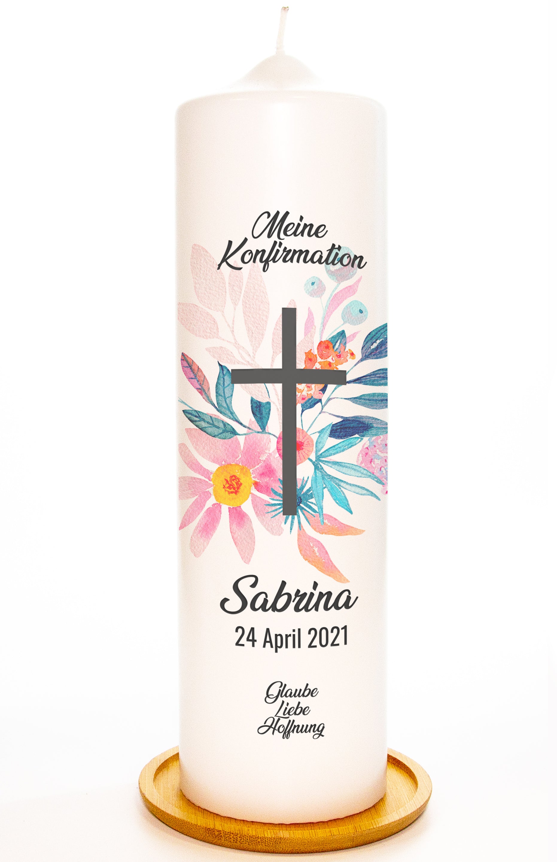 Konfirmationskerze "Blumen Kreuz" - mit Name, Datum & Spruch personalisiert