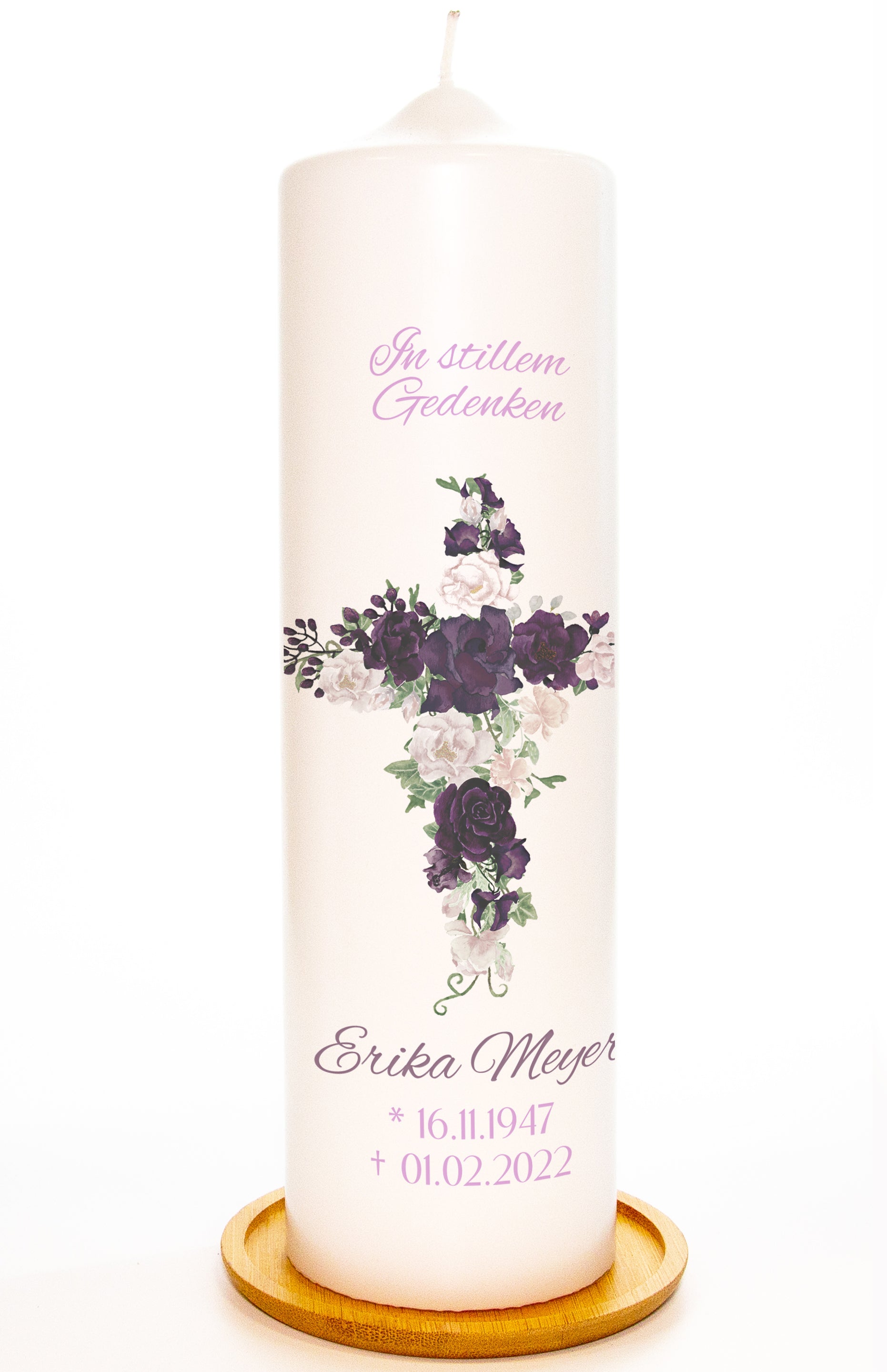 Trauerkerze "Blumen Lila" - mit Name, Geburtsdatum, Sterbedatum personalisiert